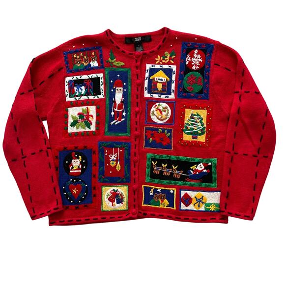 Segue Ugly Christmas Sweater Cardigan Embroidered Medium Cottagecore Grandmacore - Picture 1 of 12